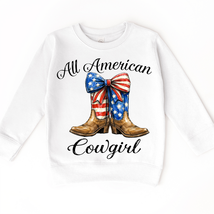 All American Cowgirl Shirt – Patriotic Cowgirl Boots Tee with Bow – 4th of July Girls Western Shirt – Cute Americana Kids Outfit