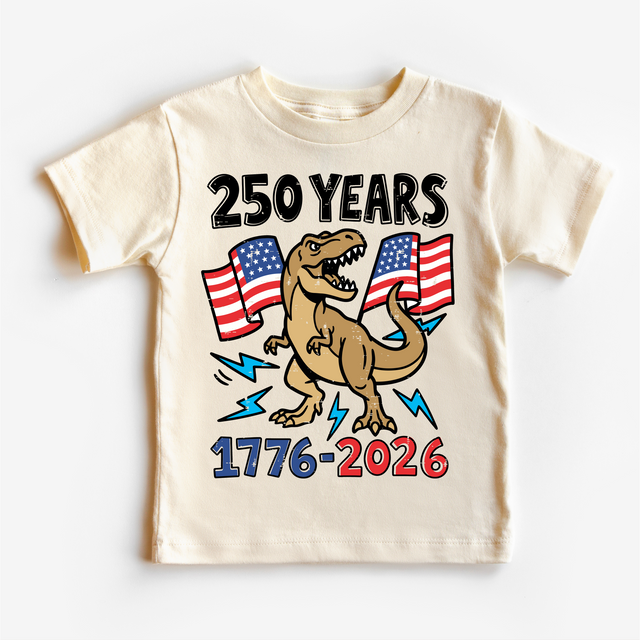 250 Years America Dino Shirt – 1776–2026 Patriotic Kids T-Shirt – All American Boy Dinosaur Tee – 4th of July Kids Shirt