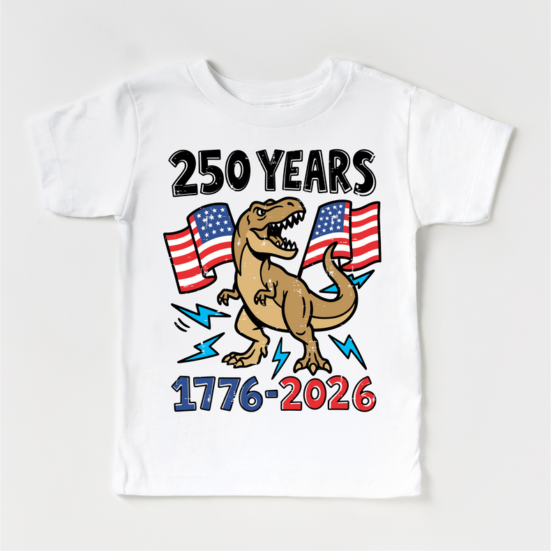 250 Years America Dino Shirt – 1776–2026 Patriotic Kids T-Shirt – All American Boy Dinosaur Tee – 4th of July Kids Shirt