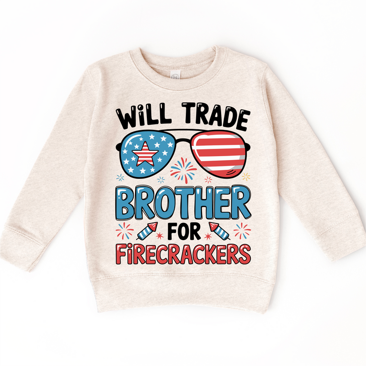 Will Trade Brother for Firecrackers Shirt – Funny 4th of July Kids Tee – Patriotic Sibling Shirt – Red White Blue Toddler Tee