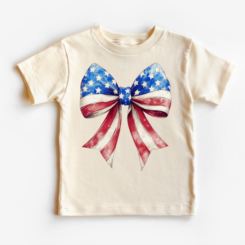 Patriotic American Flag Bow Kids T-Shirt | Vintage Red White and Blue 4th of July Shirt for Girls
