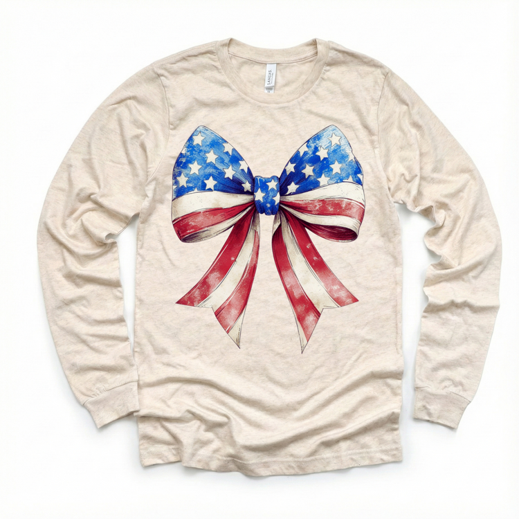 Patriotic American Flag Bow Kids T-Shirt | Vintage Red White and Blue 4th of July Shirt for Girls