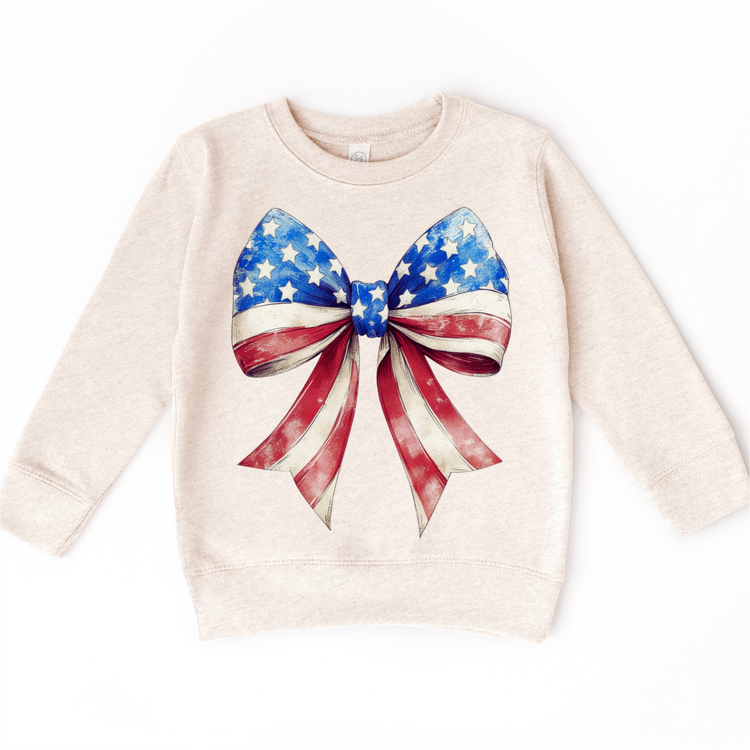 Patriotic American Flag Bow Kids T-Shirt | Vintage Red White and Blue 4th of July Shirt for Girls