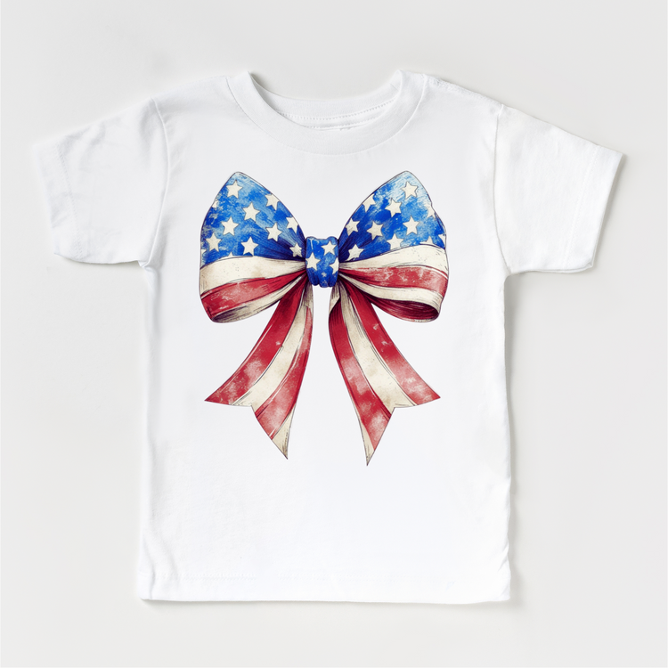Patriotic American Flag Bow Kids T-Shirt | Vintage Red White and Blue 4th of July Shirt for Girls