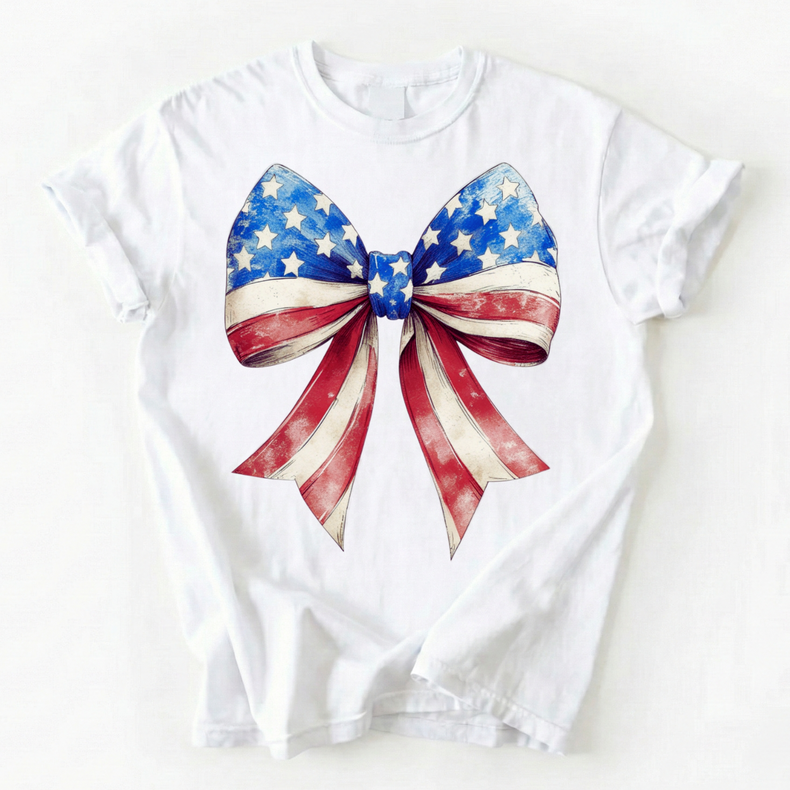 Patriotic Flag Bow 4th Of July Unisex T-Shirt - Independence Day Printed On Comfort Colors