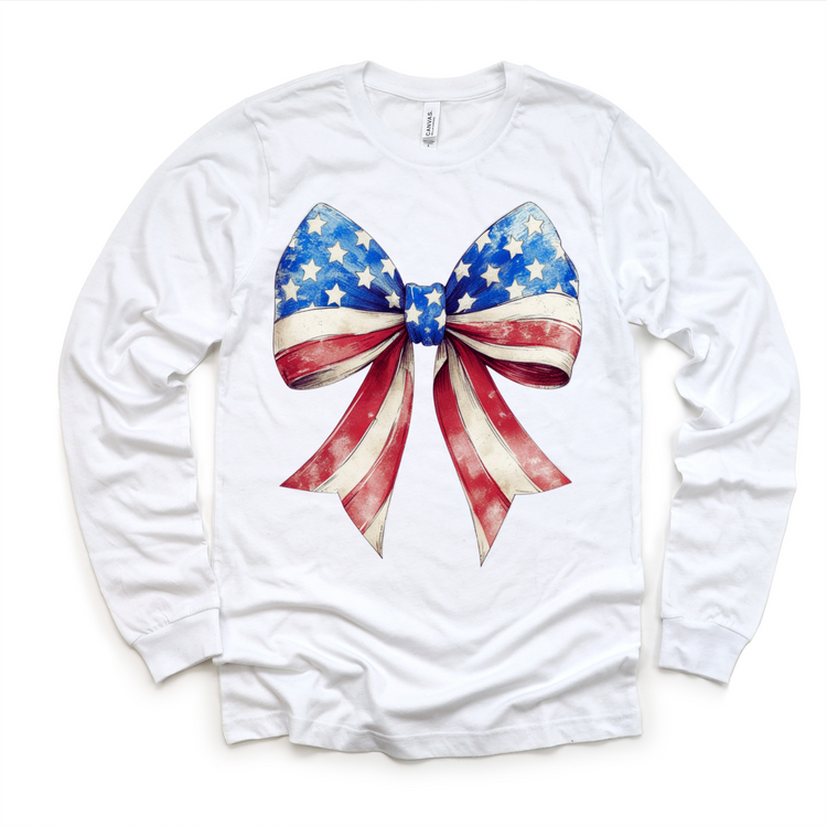 Patriotic American Flag Bow Kids T-Shirt | Vintage Red White and Blue 4th of July Shirt for Girls
