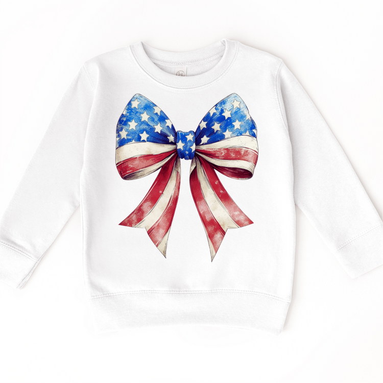 Patriotic American Flag Bow Kids T-Shirt | Vintage Red White and Blue 4th of July Shirt for Girls