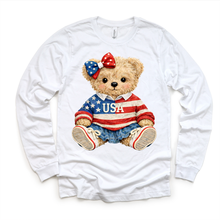 Patriotic American Girl Teddy Bear T-Shirt - 4th Of July Tee For Girls