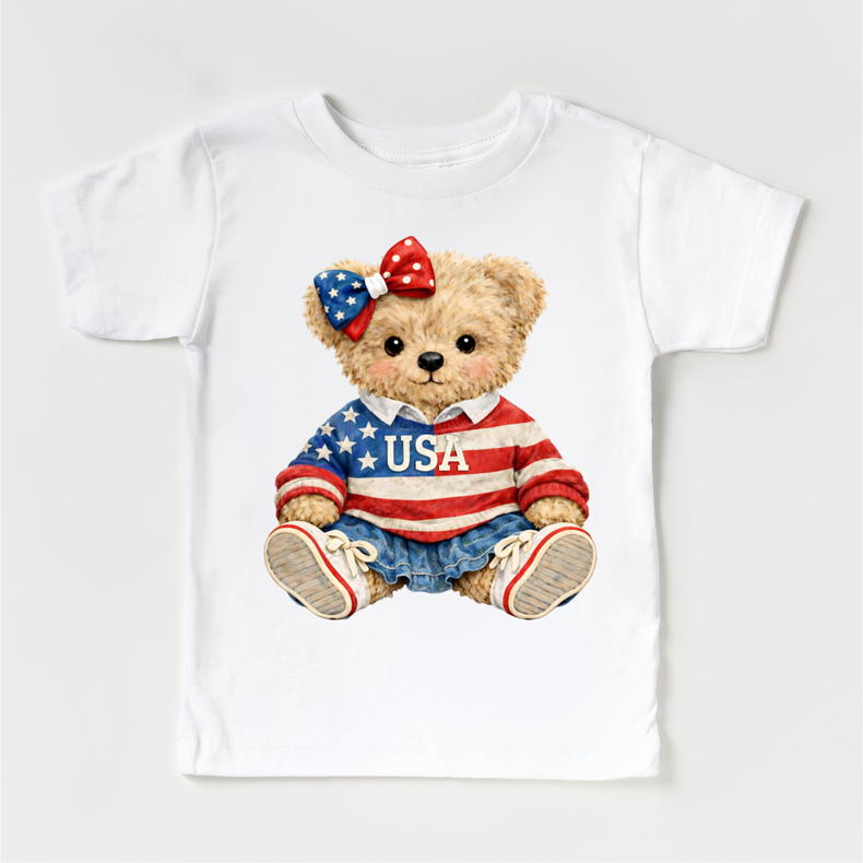 Patriotic American Girl Teddy Bear T-Shirt - 4th Of July Tee For Girls