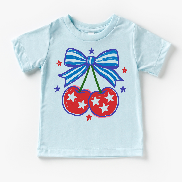 Patriotic Cherry Bow Shirt for Girls | 4th of July Kids Tee | Red White Blue Outfit | Boutique Toddler & Youth Graphic Tee