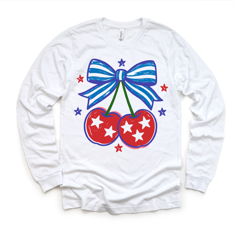 Patriotic Cherry Bow Shirt for Girls | 4th of July Kids Tee | Red White Blue Outfit | Boutique Toddler & Youth Graphic Tee