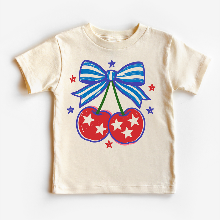 Patriotic Cherry Bow Shirt for Girls | 4th of July Kids Tee | Red White Blue Outfit | Boutique Toddler & Youth Graphic Tee