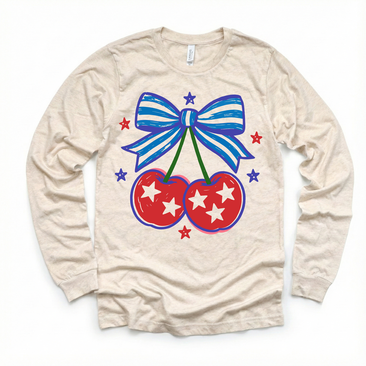 Patriotic Cherry Bow Shirt for Girls | 4th of July Kids Tee | Red White Blue Outfit | Boutique Toddler & Youth Graphic Tee