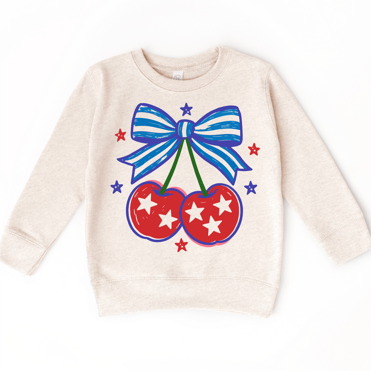 Patriotic Cherry Bow Shirt for Girls | 4th of July Kids Tee | Red White Blue Outfit | Boutique Toddler & Youth Graphic Tee