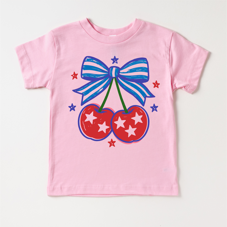 Patriotic Cherry Bow Shirt for Girls | 4th of July Kids Tee | Red White Blue Outfit | Boutique Toddler & Youth Graphic Tee