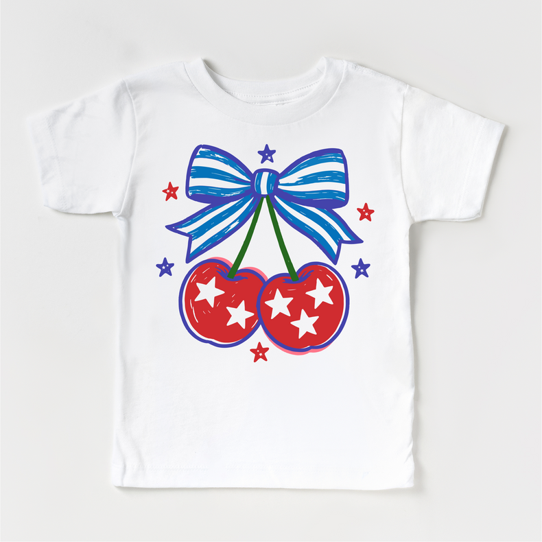 Patriotic Cherry Bow Shirt for Girls | 4th of July Kids Tee | Red White Blue Outfit | Boutique Toddler & Youth Graphic Tee