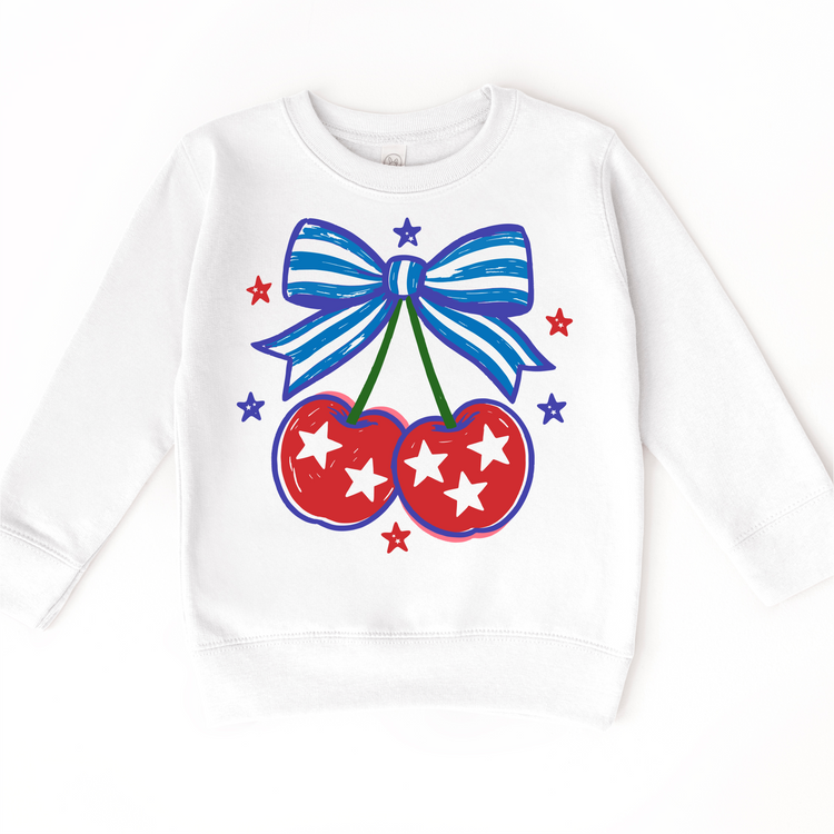Patriotic Cherry Bow Shirt for Girls | 4th of July Kids Tee | Red White Blue Outfit | Boutique Toddler & Youth Graphic Tee