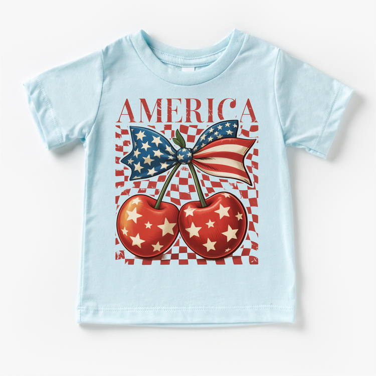Patriotic Cherry Bow Kids Graphic Tee | 4th of July Boutique Shirt | USA Americana Toddler & Youth T-Shirt