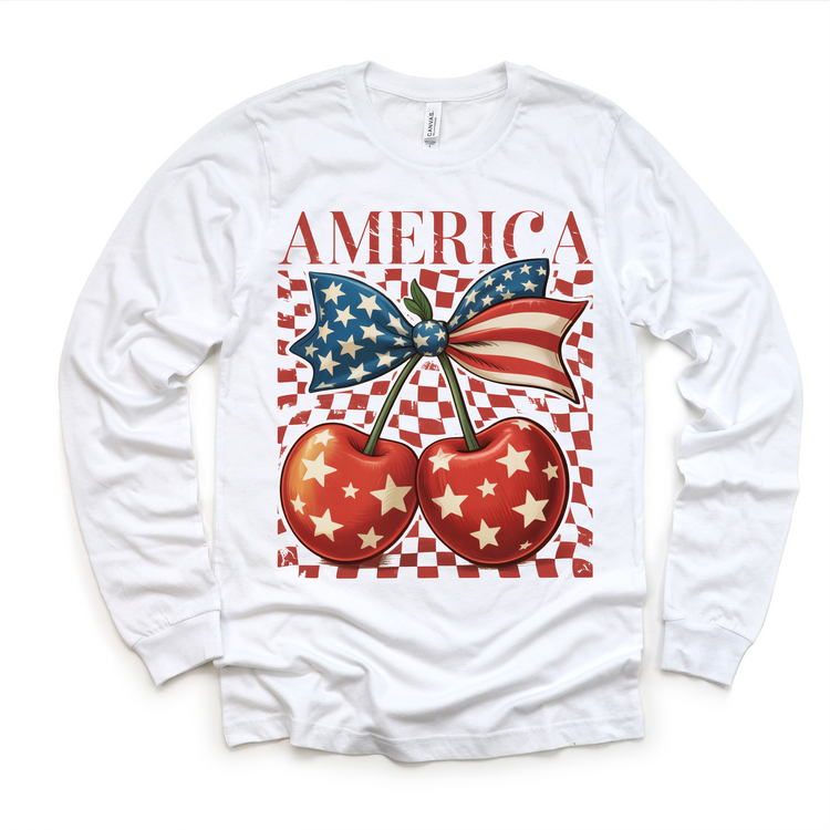 Patriotic Cherry Bow Kids Graphic Tee | 4th of July Boutique Shirt | USA Americana Toddler & Youth T-Shirt