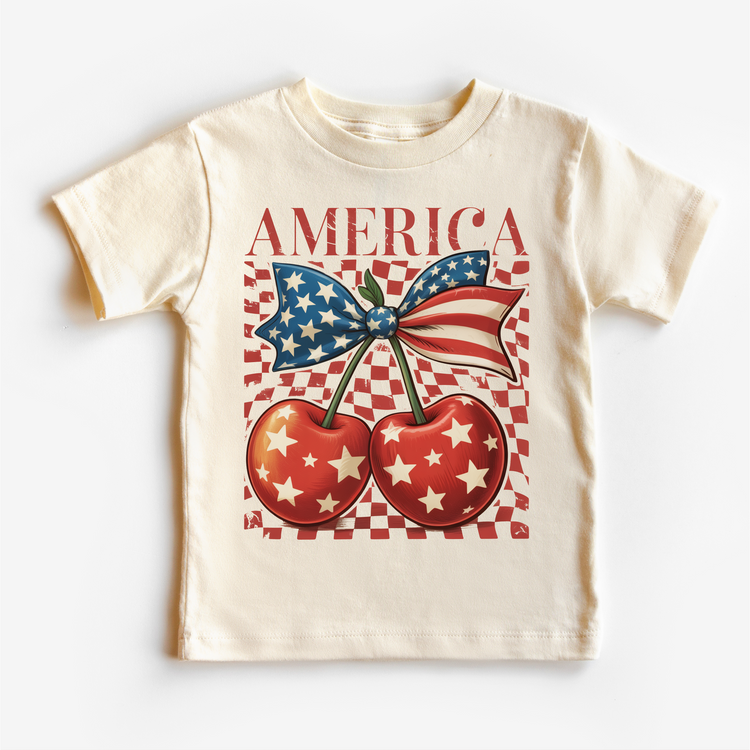 Patriotic Cherry Bow Kids Graphic Tee | 4th of July Boutique Shirt | USA Americana Toddler & Youth T-Shirt