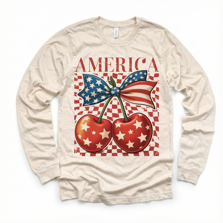 Patriotic Cherry Bow Kids Graphic Tee | 4th of July Boutique Shirt | USA Americana Toddler & Youth T-Shirt