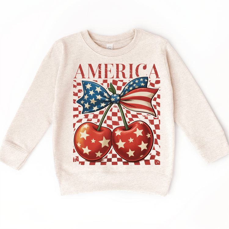 Patriotic Cherry Bow Kids Graphic Tee | 4th of July Boutique Shirt | USA Americana Toddler & Youth T-Shirt