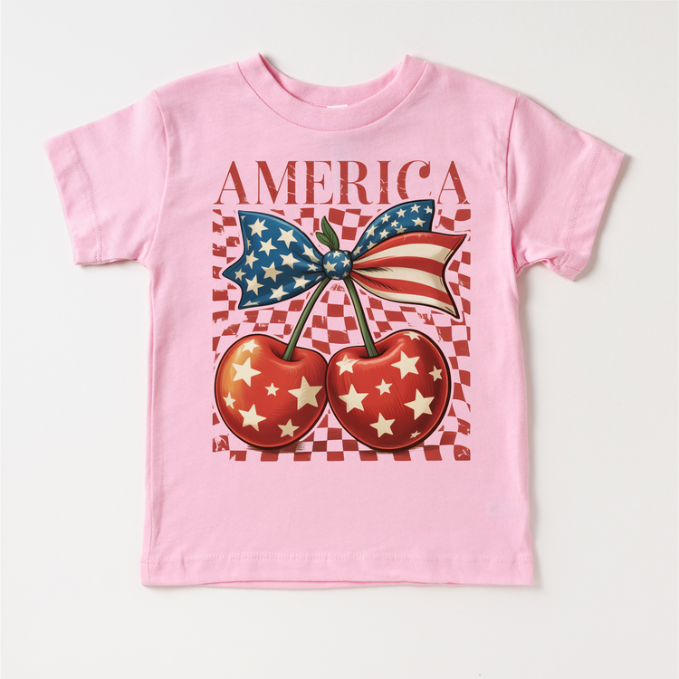 Patriotic Cherry Bow Kids Graphic Tee | 4th of July Boutique Shirt | USA Americana Toddler & Youth T-Shirt