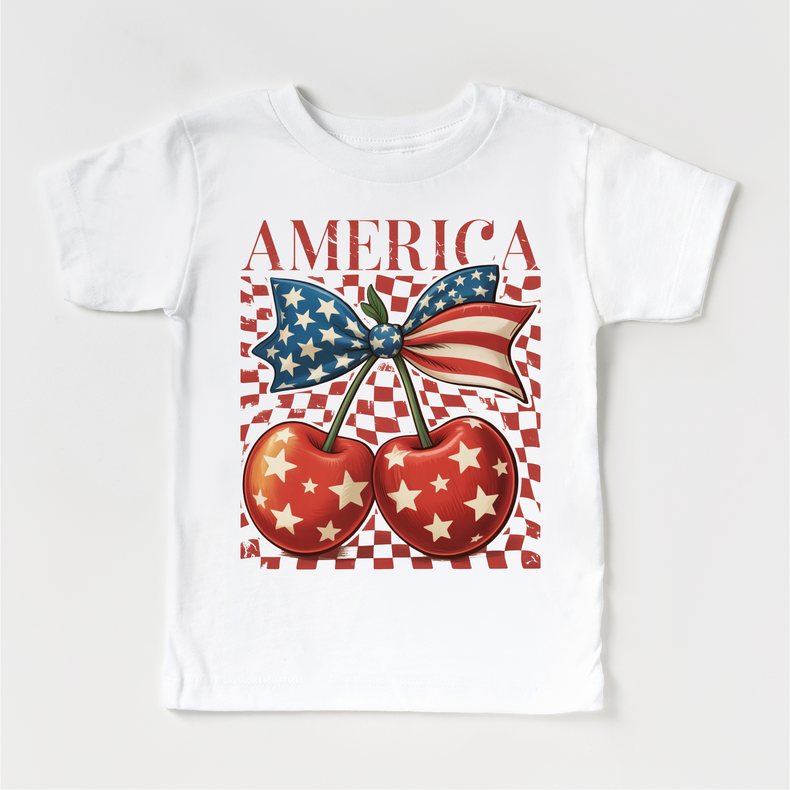 Patriotic Cherry Bow Kids Graphic Tee | 4th of July Boutique Shirt | USA Americana Toddler & Youth T-Shirt