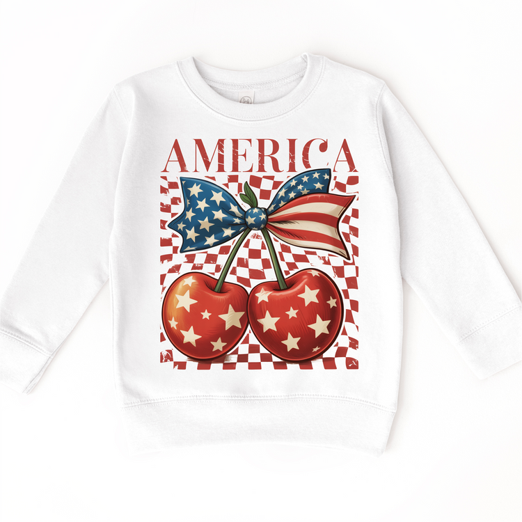 Patriotic Cherry Bow Kids Graphic Tee | 4th of July Boutique Shirt | USA Americana Toddler & Youth T-Shirt