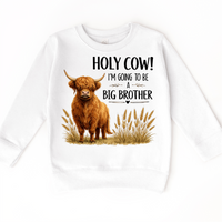 Highland Cow Big Brother design on a white sweatshirt.
