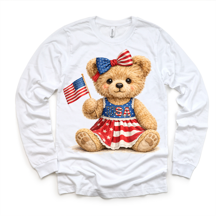 Girl Fourth of July Teddy Bear Shirt – USA Kids Tee – Cute Patriotic Toddler Outfit – Boutique Style