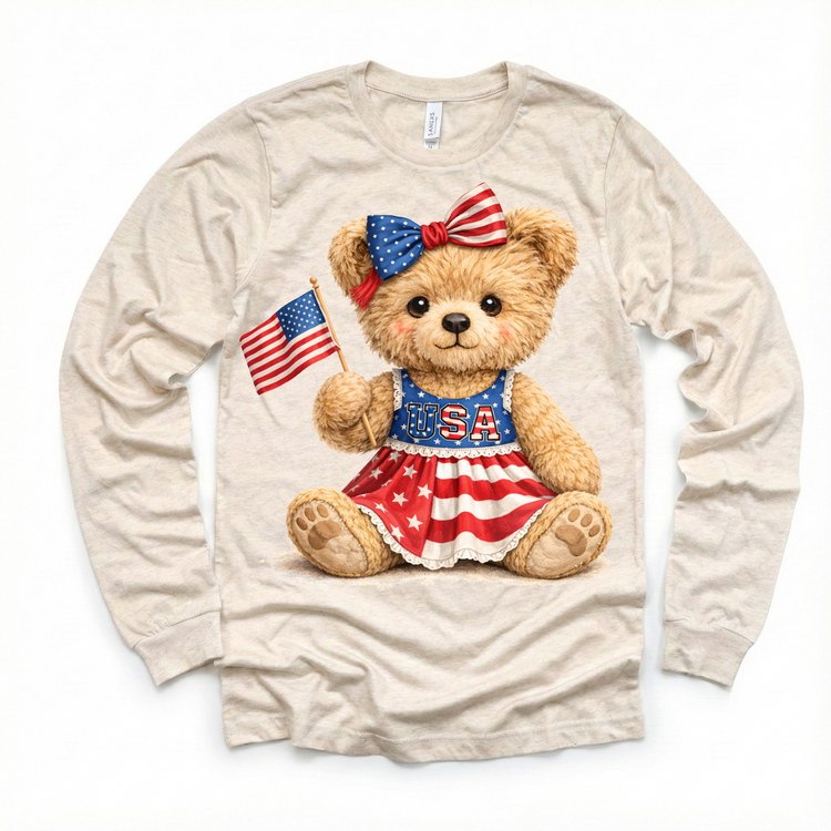 Girl Fourth of July Teddy Bear Shirt – USA Kids Tee – Cute Patriotic Toddler Outfit – Boutique Style