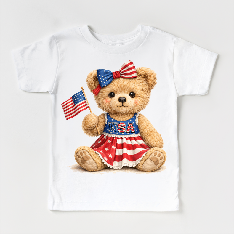 Girl Fourth of July Teddy Bear Shirt – USA Kids Tee – Cute Patriotic Toddler Outfit – Boutique Style