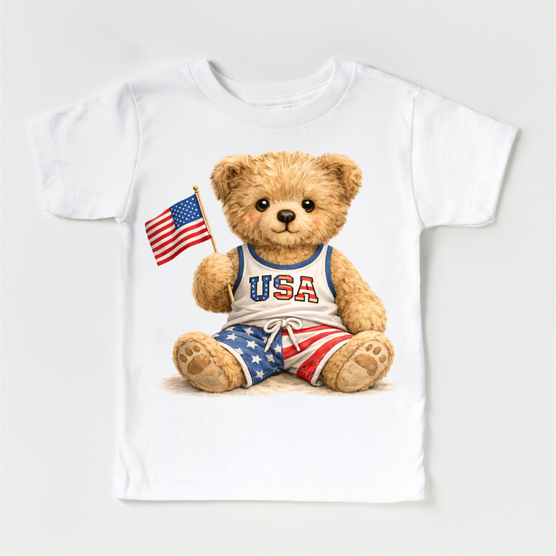 Patriotic Teddy Bear Kids Shirt – USA Fourth of July Outfit – Cute American Flag Toddler Tee – Boys & Girls Independence Day Shirt