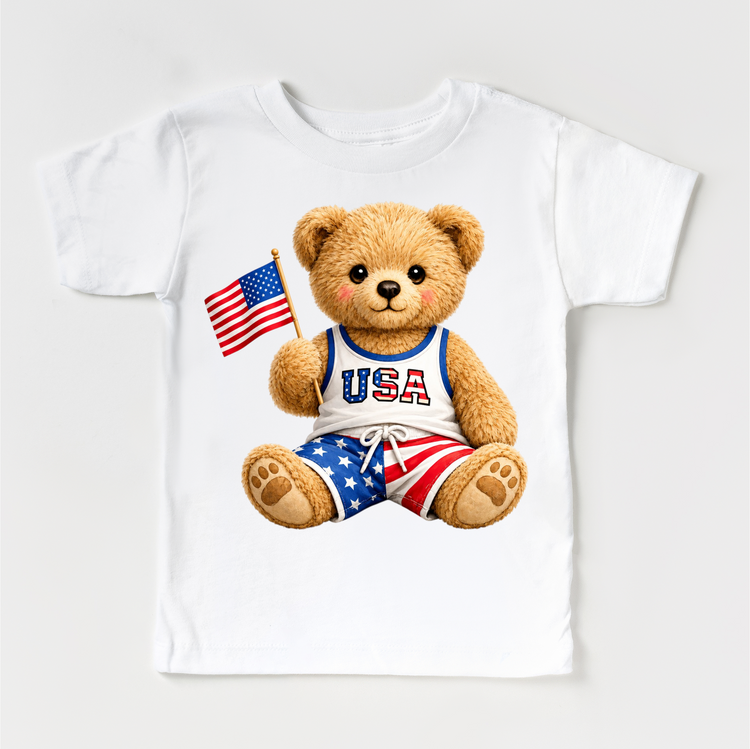 Patriotic Teddy Bear Shirt – USA Bear Tee – Kids 4th of July Shirt – Americana Bear Outfit – Red White Blue Tee