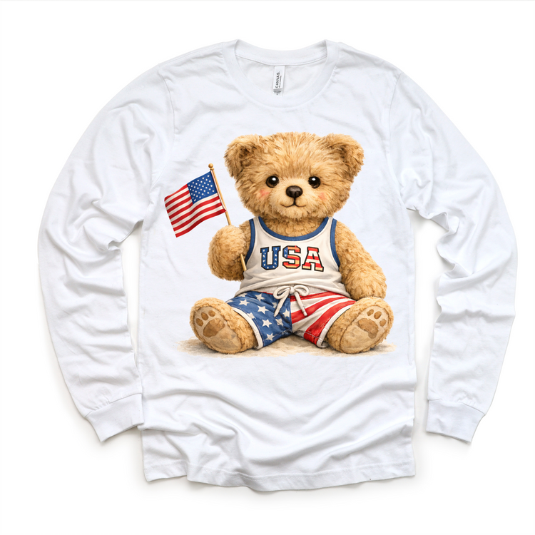 Patriotic Teddy Bear Kids Shirt – USA Fourth of July Outfit – Cute American Flag Toddler Tee – Boys & Girls Independence Day Shirt