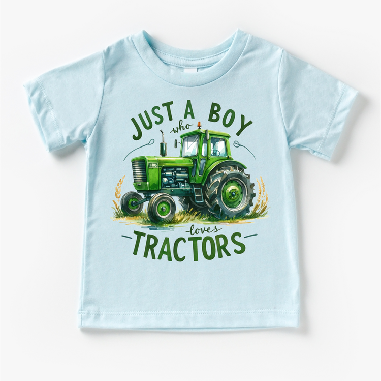 Just A Boy Who Loves Tractors - Kids Green Farm Tractor Tee