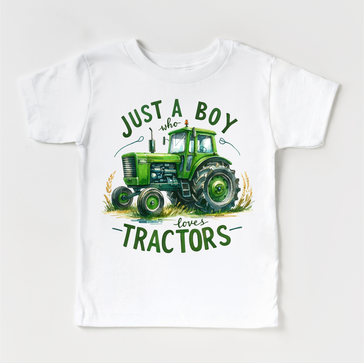 Just A Boy Who Loves Tractors - Kids Green Farm Tractor Tee