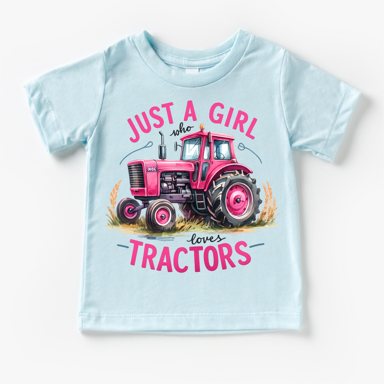 Just A Girl Who Loves Tractors - Kids Pink Farm Tractor Tee