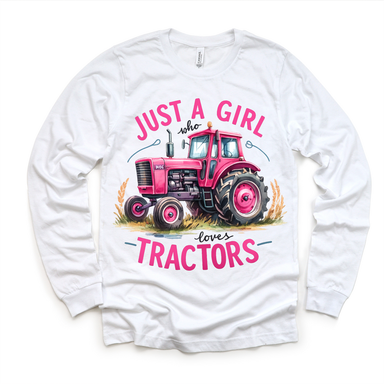 Just A Girl Who Loves Tractors - Kids Pink Farm Tractor Tee