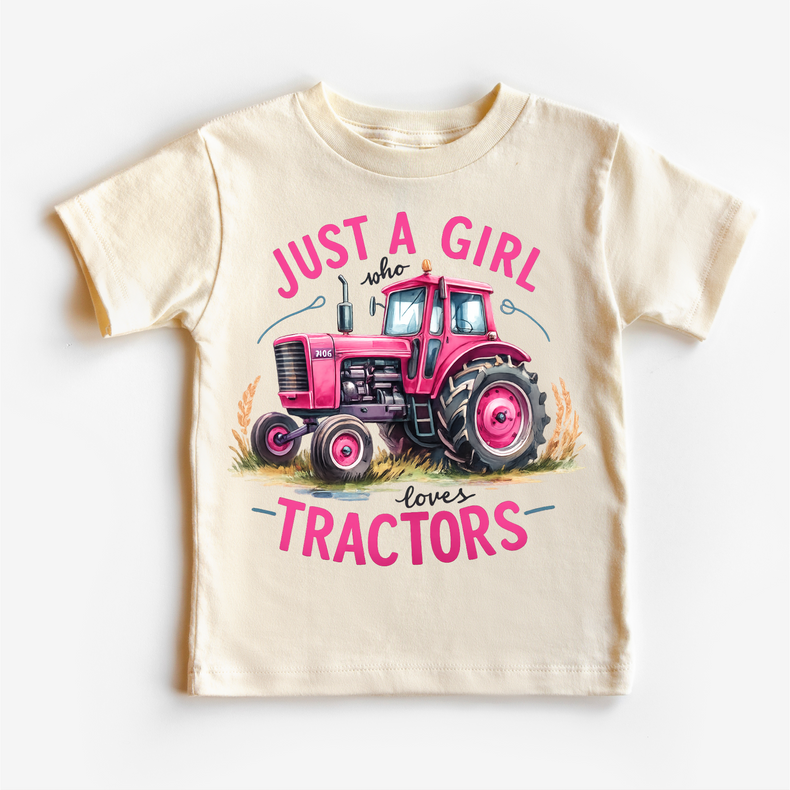 Just A Girl Who Loves Tractors - Kids Pink Farm Tractor Tee