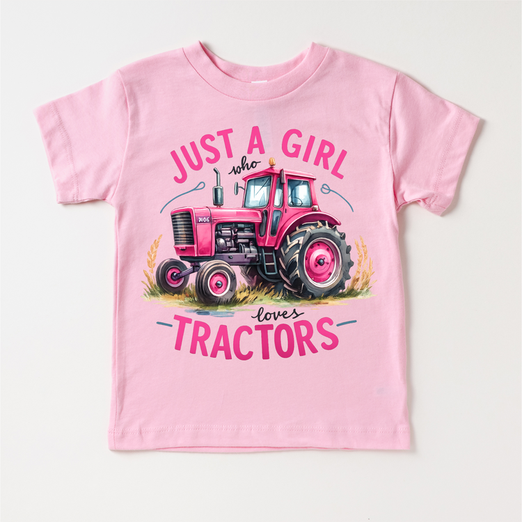 Just A Girl Who Loves Tractors - Kids Pink Farm Tractor Tee