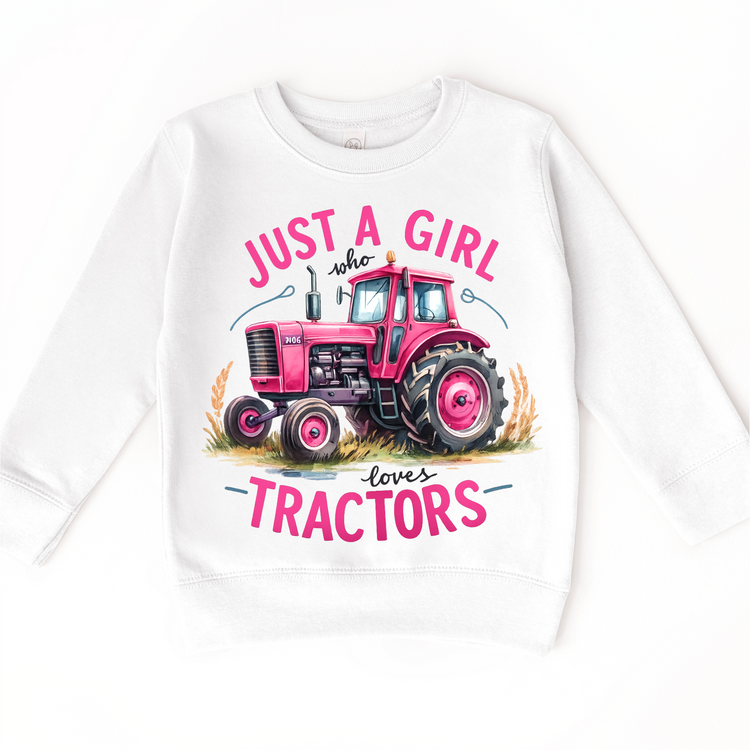 Just A Girl Who Loves Tractors - Kids Pink Farm Tractor Tee