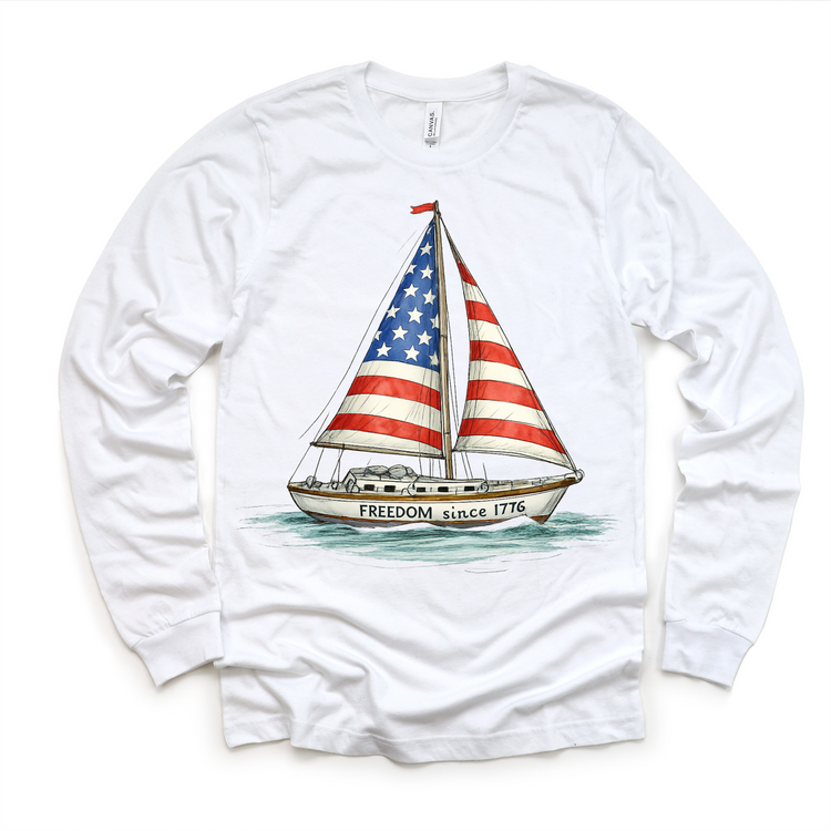 Freedom Since 1776 Sailboat Tee – Patriotic American Flag Boat Shirt | Vintage USA Summer Graphic T-Shirt