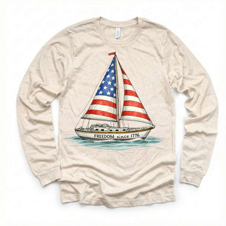 Freedom Since 1776 Sailboat Tee – Patriotic American Flag Boat Shirt | Vintage USA Summer Graphic T-Shirt