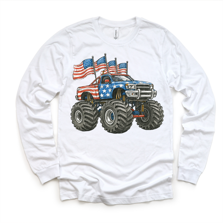 Patriotic Monster Truck Shirt – Red White & Blue American Flag Truck Tee – Kids & Toddler 4th of July Graphic Tee