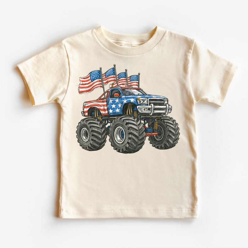 Patriotic Monster Truck Shirt – Red White & Blue American Flag Truck Tee – Kids & Toddler 4th of July Graphic Tee