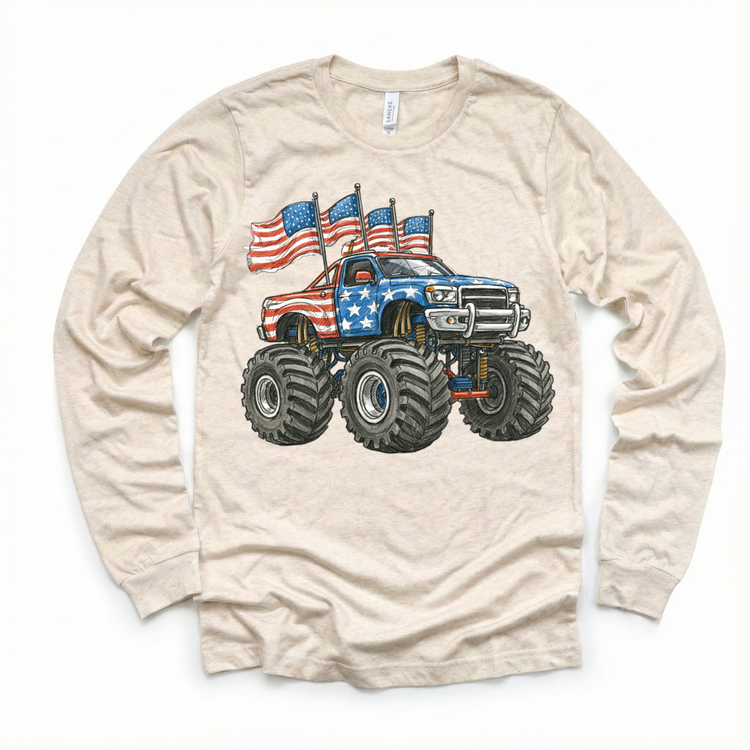 Patriotic Monster Truck Shirt – Red White & Blue American Flag Truck Tee – Kids & Toddler 4th of July Graphic Tee