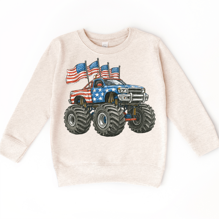 Patriotic Monster Truck Shirt – Red White & Blue American Flag Truck Tee – Kids & Toddler 4th of July Graphic Tee