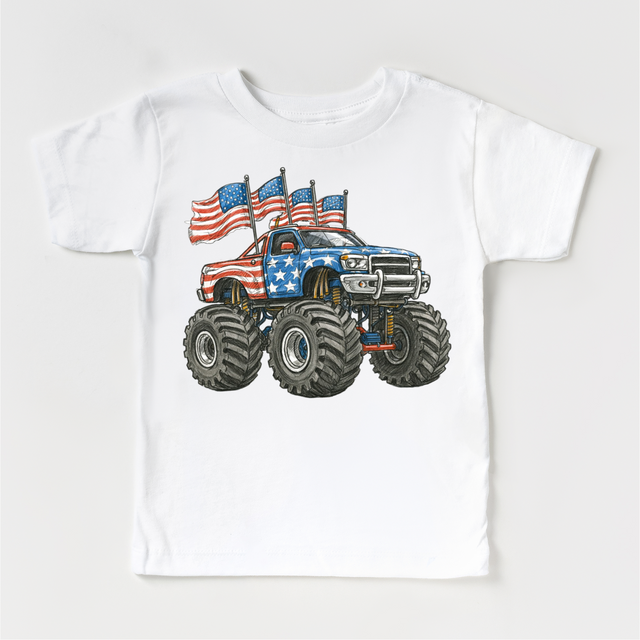 Patriotic Monster Truck Shirt – Red White & Blue American Flag Truck Tee – Kids & Toddler 4th of July Graphic Tee